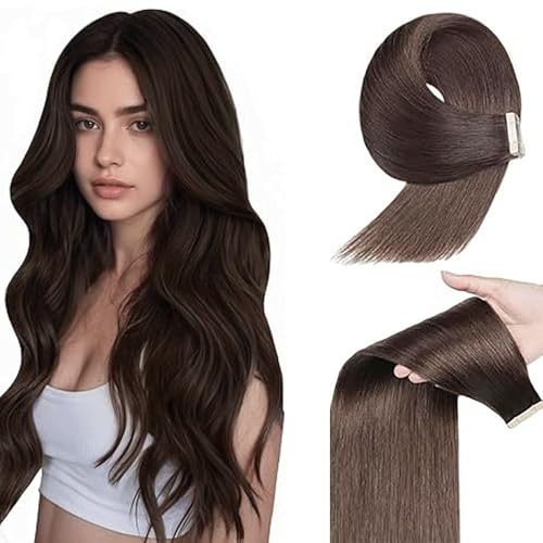 WuvuSnm Tape In Extensions Echthaar Human Hair Straight Invisible Extensions #4 Chocolate Brown Color 10 Pièces/40g Haarverlängerung Echthaar for Women Minimal Smell Low Shedding 22 Zolls