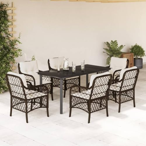 Ziaphsol 7-TLG. Garten-Essgruppe mit Kissen, Braun Poly Rattan, UV-beständig, 1 Tisch, 6 Stühle, für Terrasse, Balkon, Essbereich im Freien