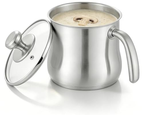 Olla para leche de 2 litros, diámetro de 16 cm, con mango de acero inoxidable, 14 cm de alto, de acero inoxidable, doble pared, con vertedor y tapa, boquilla universal, para inducción