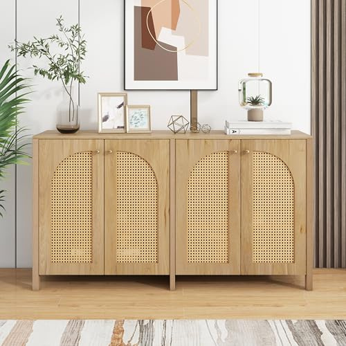 LZPUOUI Aparador Mueble Auxiliar Madera Natural 145 cm Buffet Salon con 4 Puertas de Ratan y estantes Regulables Armario Moderno Estilo nordico en MDF y Rejilla para Comedor casa