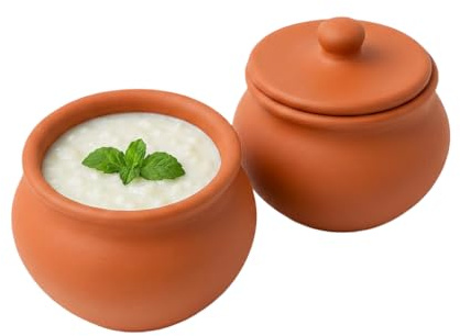 Clay Root Mitti Dahi Set of 2 Handmade Terracotta Yogurt Jars with Lids for Cooking and Serving 500ml