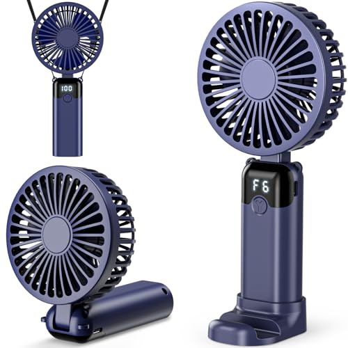 Handheld Fan, USB Rechargeable Portable Mini Hand Held Fan with 6 Speeds 4000mAh Battery Operated, Foldable Desk Small Fans with LED Display for Home Office Travel Outdoor Use, Summer Gift (Blue)