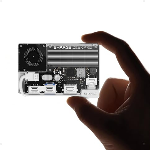 sharge Disk Pro - SSD portátil de 4 TB con ventilador de refrigeración activa, concentrador de 4 puertos con HDMI 2.1, cable integrado de 10 Gbps, unidad externa magnética de estado sólido para