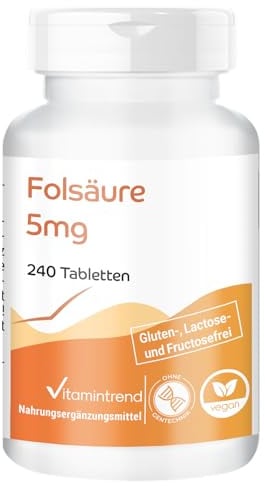 Vitamintrend Folsäure 5mg Tagesbedarf, 240 Tabletten, schluckfreundlich, hochdosiert, Nahrungsergänzungsmittel vegan ohne Magnesiumstearat, in Deutschland hergestellt