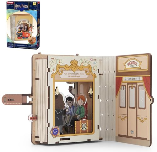 PUREMIND Harry Potter Hogwarts Express, 3D-Holzpuzzle Zugabteil-Buchmodell | Offiziell lizenziert, Harry-Potter-Geschenke, Innenraumszene, Ziehmechanismus, aufklappbarer Einband, Regal- und Vitrinendeko