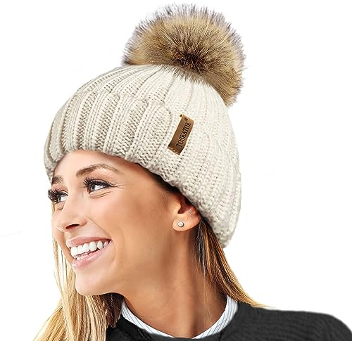 TOSKATOK® Womens Winter-Rib Strickmütze/Beanie mit abnehmbaren Chunky Faux Fur Bobble Pom Pom