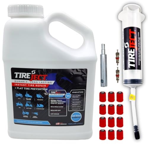 TireJect Mastic d'étanchéité pour pneus tout-terrain 5 en 1 – Kit de réparation et de prévention des pneus à plat (pour jusqu'à 16 pneus de VTT, grands tracteurs, équipements agricoles et plus encore)