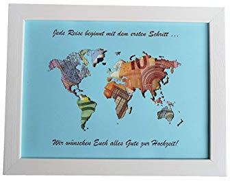Geldgeschenk mit Ihrem Text auf der Weltkarte MIT Bilderrahmen