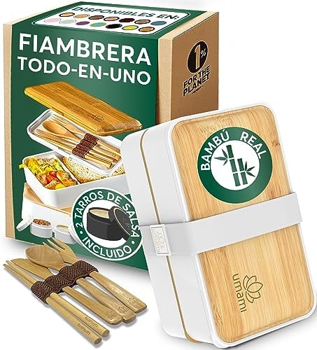 Umami Lunchbox Erwachsene, Auslaufsichere Bento Box mit Fächern und 4 Holz Bestecke, Brotdose Erwachsene, Salatbehälter To-Go, Lunch Box für Picknick/Büro, Schneeweiß & Tan, 1200 ml