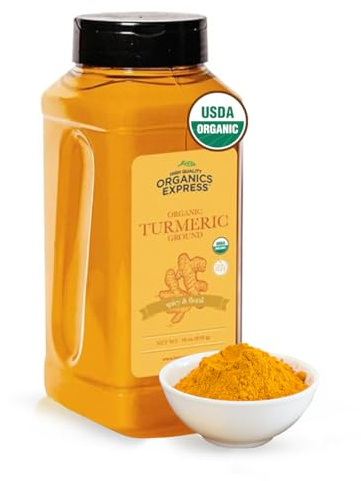 HQOExpress Organic Ground Turmeric Powder – USDA Organic, Non‑GMO, Kosher, Lab Tested –Chef Jar (18 oz) – Sustainably Grown, Traceable, Legacy Brand Since 1977