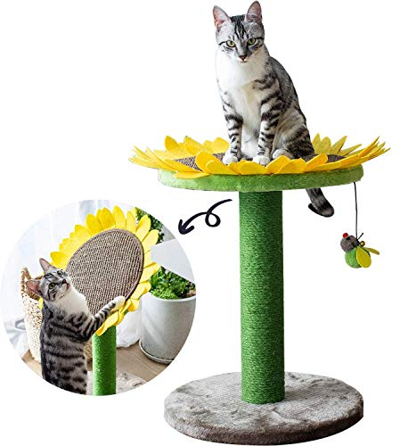 Catry Cama de árbol de Girasol para Gatos con Poste rascador con Torre de Actividades de Escalada Cubierta de sisal, Fibra de Yute Natural 2 en 1, Poste rascador y Cama