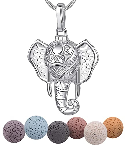 INFUSEU Collier Diffuseur Huile Essentielle, Cuivre Plaqué Argent, Diffuseur D'Huiles Essentielles D'Aromathérapie, Pendentif EléPhant Porte-Bonheur