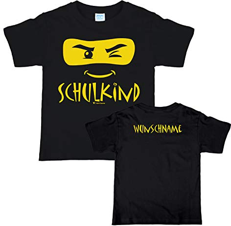 Kinder T-Shirt Schulkind Ninja Einschulungs-T-Shirt mit Wunschname auf dem Rücken, schwarz (110-116)
