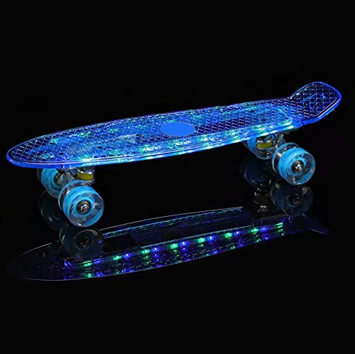Yhstapery Tabla de skate para niños con ruedas de luz LED para principiantes, 55,8 cm, mini retro Cruiser Skateboards para jóvenes de 6 a 12 años, regalo de cumpleaños para adolescentes azul