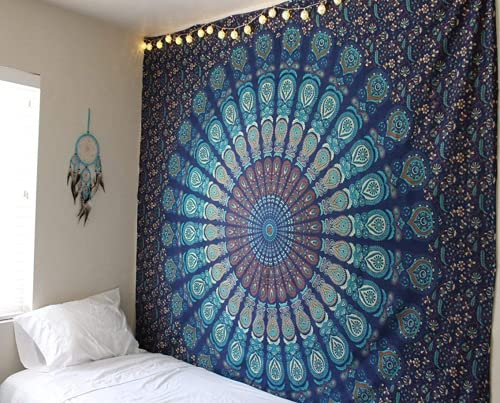 J26 Wandteppich Indisch Art Wandbehang Indien Mandala Bohemian Hippie Psyschedelisch Tischdecke Tapestry Strandtuch Wandtuch Zimmer Tagesdecke Deko (Blau, 150 x 130 cm)