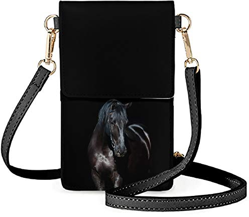 Showudesigns Kleine Handy-Geldbörse mit Touchscreen-Fenster, Leder-Crossbody-Tasche mit Riemen, Pferd schwarz, Einheitsgröße
