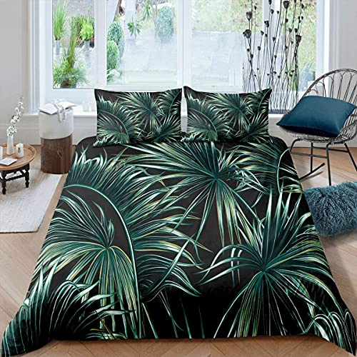 Palmenblätter Trösterbezug Set Grünes tropisches Pflanzen Muster Dekor Bettbezug Hawaii Botanisches Bettwäsche Set mit Reißverschlüssen Weiches Quilt Set,1 Bettbezug mit 1 Kissenbezug 155x220