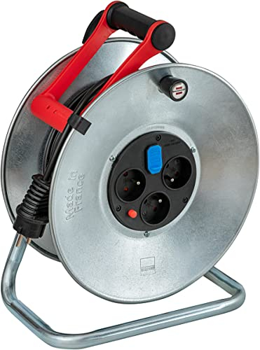 Brennenstuhl Avvolgicavo Silver Brico-250 con USB/avvolgitore elettrico a 3 prese corrente e 2 prese caricatore USB (interno, flange in metallo, cavo 25 m, prodotto in Francia) grigio medio