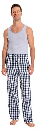JTPW Herren 100% Baumwolle Gewebte Popeline Bequeme Pyjama/Lounge Hose mit Taschen, Black Blue White Plaid, SIZE:M