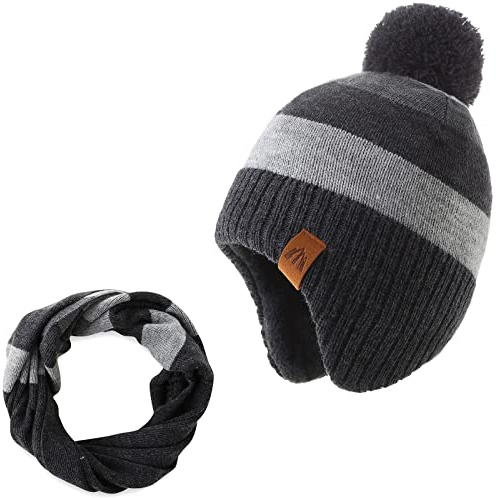 AHAHA Wintermütze Junge and Baby - Fleece-Gefüttertes Ski Beanie Kinder Strick Earflap Schal und Mütze Set,53CM