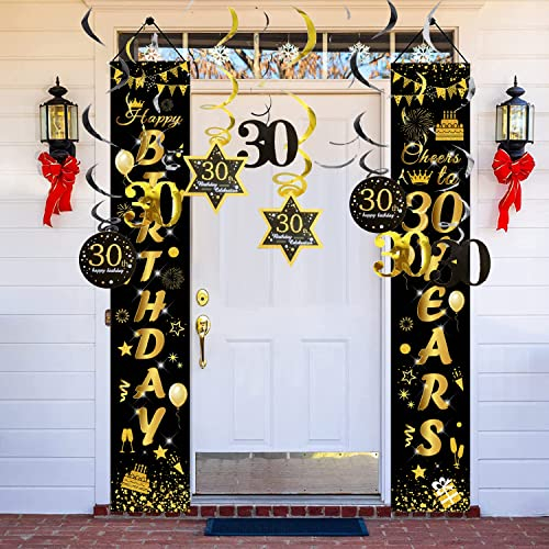 30. Geburtstag Deko,Schwarzes Gold Banner Alles Gute zum 30.Geburtstag mit Hängende Spiralen,30 Geburtstagsdeko Mann,Deko 30 Geburtstag Frau Mann.