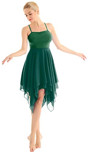 dPois Damen Tanzkleid Ballett Kleid Ärmellos aus Chiffon Swing mit Spaghettiträger Asymmetrische Tanzkostüme Latein Rumba Tango Ballsaal Dancewear Grün Small