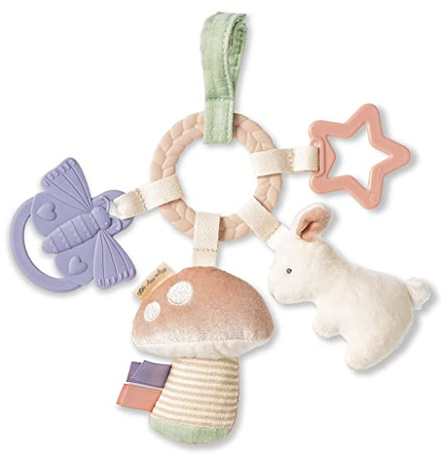 Itzy Ritzy Teething Activity Toy - Bitzy Busy Ring Features Braided Teething Ring and Dangling Toys; Includes Teether, Textured Ribbons, Crinkle Sound & Jingle Bell, Bunny RNG8497