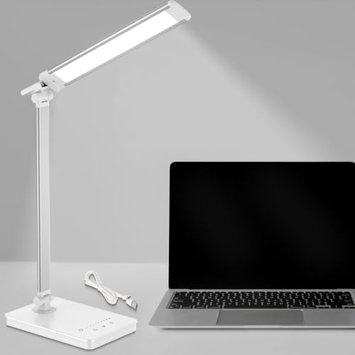 Qualore Desk Lamp, Led Bedside Table Lamp with USB Charging Port, 5 Color Mode, 5 Brightness Level, Touch Control, Auto Timer, Eye Caring Light for Home Office Study Bedroom Nail Kids (White)