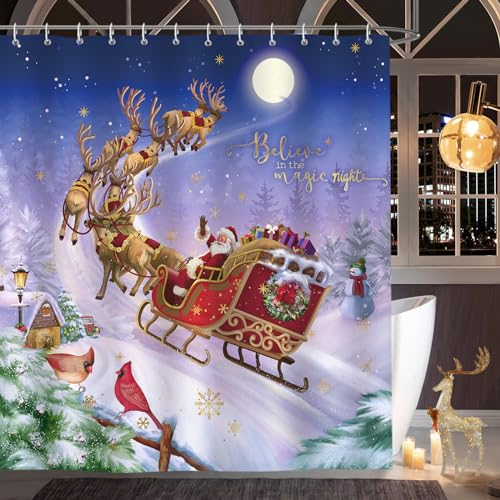 Bonhause Tenda Doccia Natale Babbo Natale Renne Slitta 180 x 180 cm Tende per Doccia in Poliestere Impermeabile Antimuffa Lavabile Tende Bagno con 12 Ganci