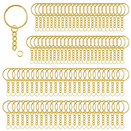 100 Pièces 25mm Attache Porte Clé Kit Chaine Anneau Porte Clé D'Acier Inoxydable Anneau Porte Clé avec Chaîne pour Bijoux Bricolage Collier Bracelet Faisant | Doré
