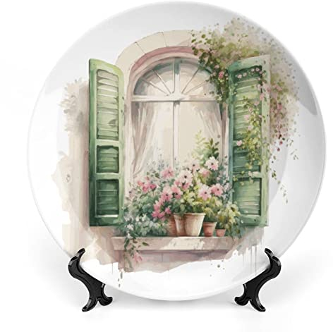 Piatti decorativi per la casa, finestra romantica e fiore rosa, vassoio decorativo per esposizione da tavolo, piatto piano in ceramica con supporto, decorazione per cucina e sala da pranzo, regali di