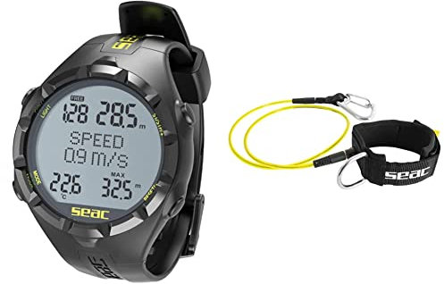 SEAC Apnea, Computer da Freediving e Pesca Subacquea in Apnea,Unisex-Adult, HR Nero/Giallo, Standard + Lanyard, Cavo di Sicurezza da apnea, con moschettone e Allacciatura al Polso Unisex Adulto, Nero