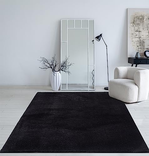 Mia´s Teppiche Taos kuscheliger Kurzflor Teppich, Anti-Rutsch Unterseite, Waschbar bis 30 Grad, Super Soft, Felloptik, Schwarz, 200 x 280 cm