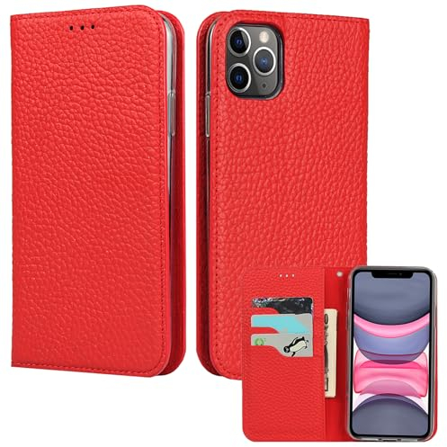 ELTEKER Hülle iPhone 11 Pro Max Handyhülle [Echtes Leder] Klapphülle mit Kartenfach,Schutzhülle Leder Hülle für iPhone 11 Pro Max-Rot