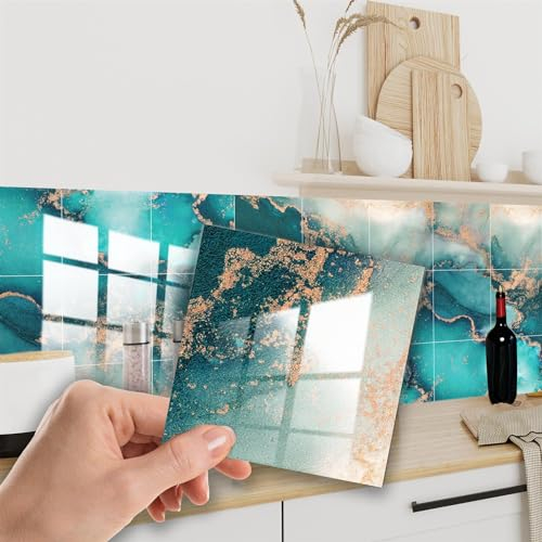 WALPLUS 24 PCS Klebefliesen Küche 15x15cm Selbstklebende Fliesen Bad Wasser und Hitzebeständig Fliesen Aufkleber Wand Küche Abziehen und Aufkleben Wandfliesen für Bad Küche Ozeanblau Marmor