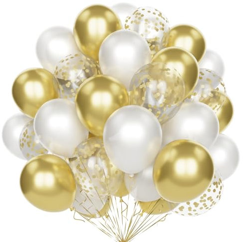 Weiß Gold Luftballons, 60 Stück 12 Zoll Weiß Metallic Gold Ballons Set mit Gold Konfetti Helium Latex Ballons für Geburtstag Hochzeit Baby Shower Jubiläumsfeier Dekorationen