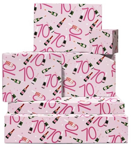 Geburtstags-Geschenkpapier – 70 Jahre alt – 6 Bögen Geschenkpapier – Geschenkpapier zum 70 Geburtstag frau – Prosecco – mit Aufklebern – recycelbar – von Central 23