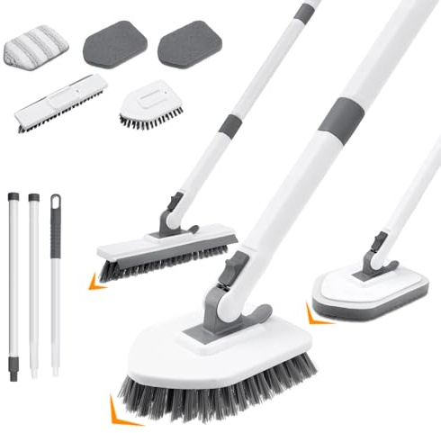 4-in-1 Duschschrubber Reinigungsbürste, Wannen- und Fliesenschrubber mit langem Griff, Fugenbürste, steife Borsten, Scheuerschwamm, Mikrofaser-Pads, für WC, Badezimmer, Küche, Wand, Boden, Glas,
