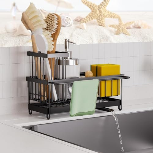 VILCEN Porte Eponge Evier Cuisine,Organisateur d'évier en Acier Inoxydable avec bac d'écoulement Automatique,Rangement Eponge Evier Cuisine Porte Brosse Amovible avec Porte-Serviettes, Noir