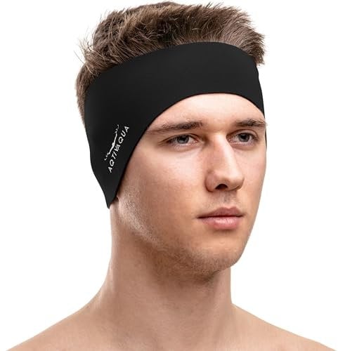 AqtivAqua Schwimm-Stirnband - Schwimm-Ohrenschutz - Schwimm Ear Band für Kinder & Erwachsene, Damen und Herren, Kleinkinder - Haar-Schutz - hält die Ohrstöpsel im Ohr (Schwarz, X-Large)