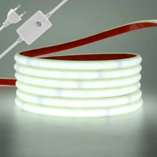 Wisada LED Band 15M, Wasserdicht IP65 Kaltweiß Dimmbar LED Leuchtband Selbstklebend,240LEDs/m Superhell Flexible FCOB LED Strip(Schnitt alle 10cm), Anschluss an AC220-240V COB Streifen für Weihnachten