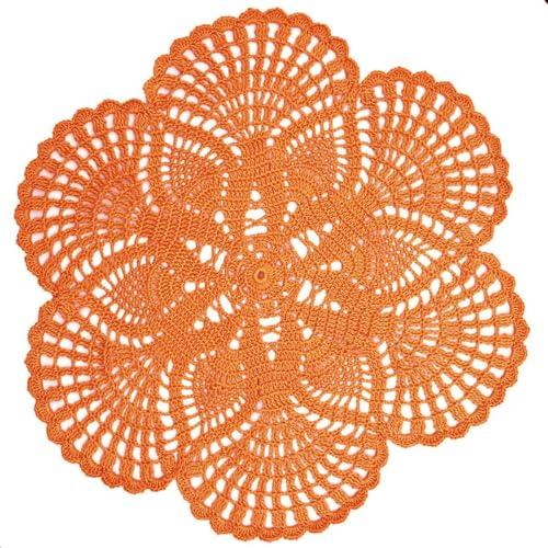 BOMHCS Handgefertigte Häkelspitzen-Deckchen, 38,1 cm bis 43,2 cm, rund, 6 Blütenblätter, Untersetzer, Vintage-Deckchen, Vasen, Tassenmatten (1, orange)