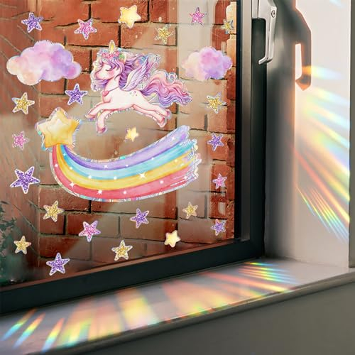 Mecmbj vinilos para cristales, vinilos para ventanas, Vinilo decorativo unicornio para ventana, Vinilos para Ventanas con Prisma Antipájaros para Salas de Estar del hogar y Habitaciones de niños - B