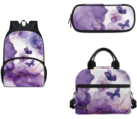 COEQINE Purple Butterfly Backpack for Girls 3 Pieces 10-12 Age Large Cute Backpacks for Middle School Girls with Lunch Bag and Pencil Case,Portable Lunch Bag with Strap for Women Work