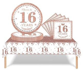 37pcs Rose Gold Birthday Decorations for Girls - Tablecloth, Paper Plates and Napkins Set for Sweet 16th Party Table Decorations - Gift Ideas for Her