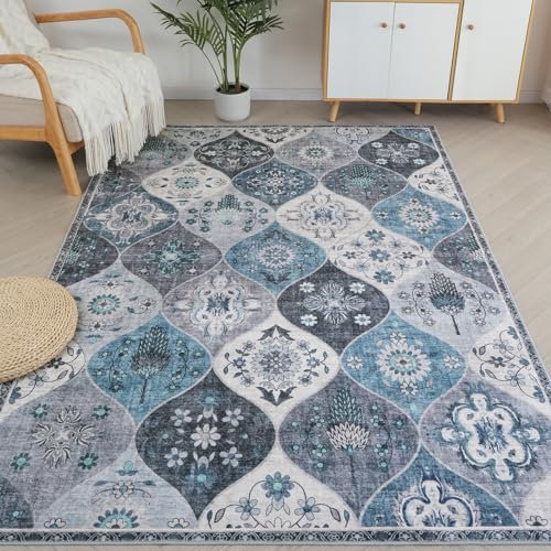 Xfrog Teppich Blumen Boho Rutschfester Waschbarer Teppich Klein Ultraweicher Antiker Teppich Wohnzimmer Niedriger Flor Flächenteppich für Wohnzimmer, Schlafzimmer, Kinderzimmer 120 x 160 cm