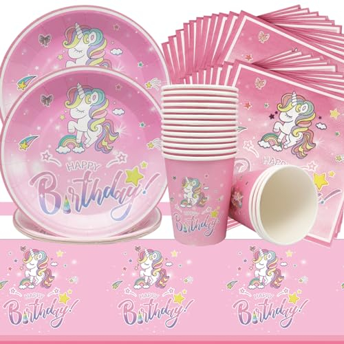 Doyomtoy Juego de cubiertos Unicorn Party,53 Piezas Decoraciones Cumpleaños Unicornio,Platos,Vasos,Pañuelos,Manteles Juego de Vajilla de Cumpleaños de Niños para Niños Cumpleaños Niñas (16 Invitados)