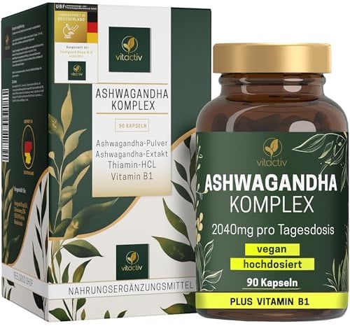VITACTIV Ashwagandha Komplex - 90 Kapseln (3 Monate) - Indische Schlaf Beere, Hochdosiert mit 2040mg pro Tagesdosis, 5% Withanolide - Plus Vitamin B1 - Vegan, Laborgeprüft in Deutschland