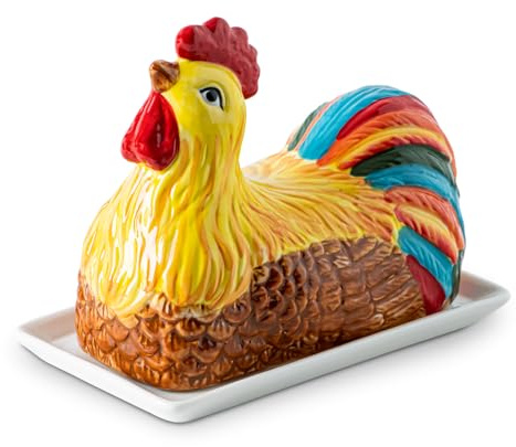 Chicken Butter Dish with Lid for Countertop Colorful Ceramic Butter Container Covered Butter Dish White Butter Tray Cute Butter Keeper Elegant Butterdish Mantequillera Con Tapa