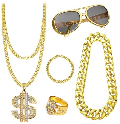 5 Stück Halskette Dollar Ring Goldkette Armband Herren Goldkette,90er Jahre Accessoires,80er Jahre Accessoires,Schmuck,Herren Anziehsets Party Foto Requisiten